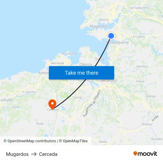 Mugardos to Cerceda map