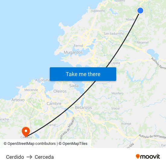 Cerdido to Cerceda map