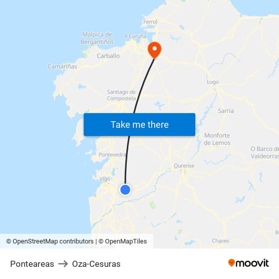 Ponteareas to Oza-Cesuras map