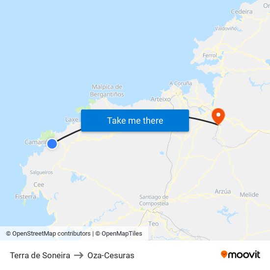 Terra de Soneira to Oza-Cesuras map