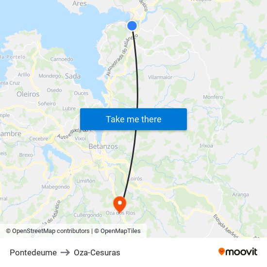 Pontedeume to Oza-Cesuras map