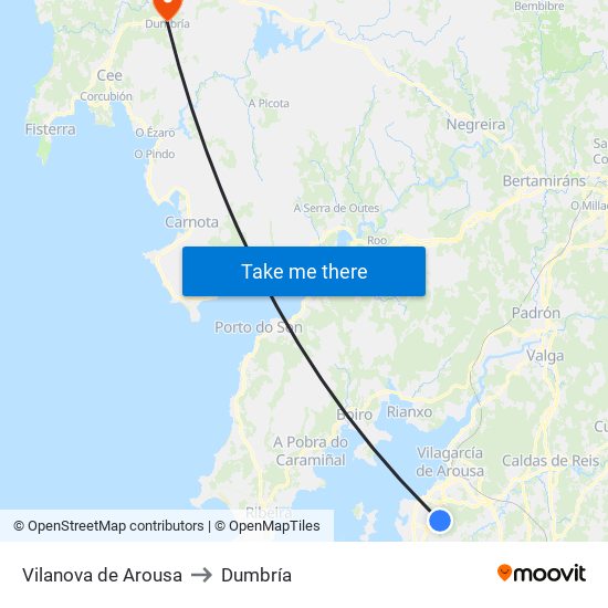 Vilanova de Arousa to Dumbría map