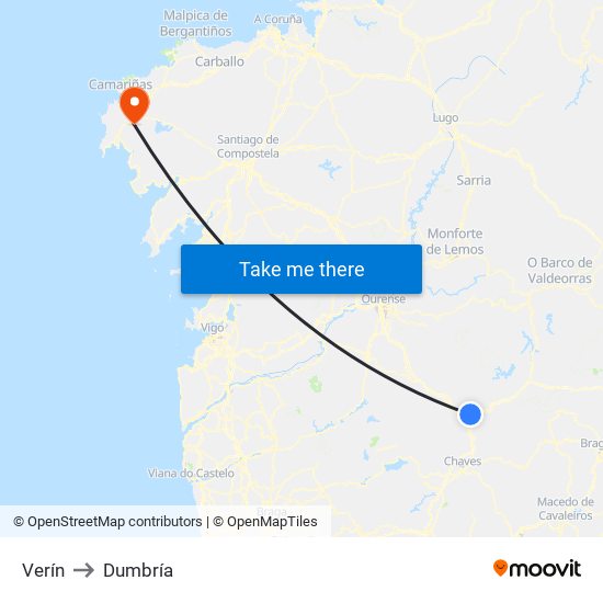 Verín to Dumbría map