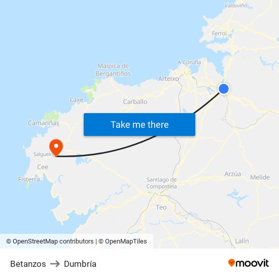 Betanzos to Dumbría map