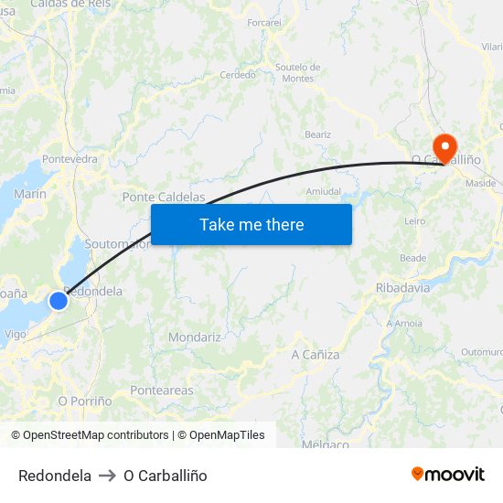 Redondela to O Carballiño map