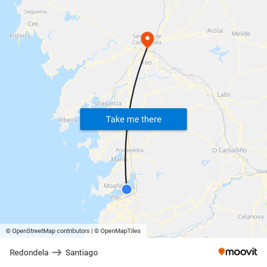 Redondela to Santiago map