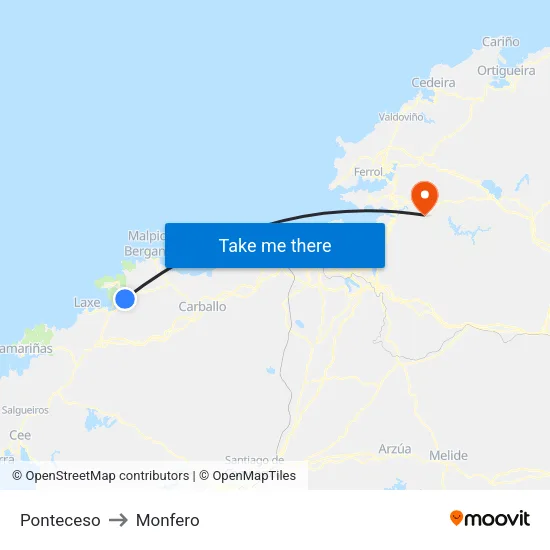 Ponteceso to Monfero map
