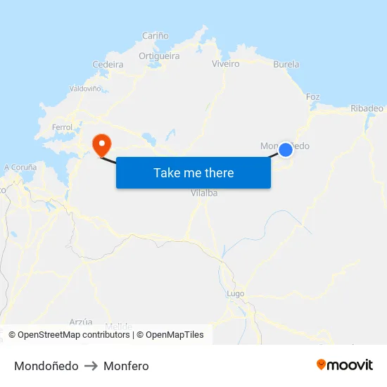 Mondoñedo to Monfero map