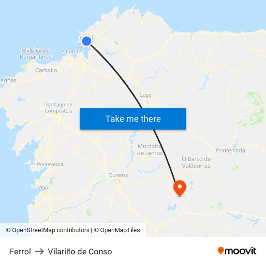 Ferrol to Vilariño de Conso map