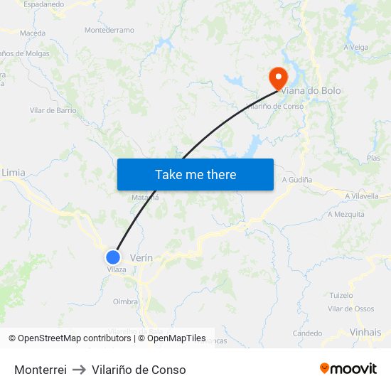 Monterrei to Vilariño de Conso map