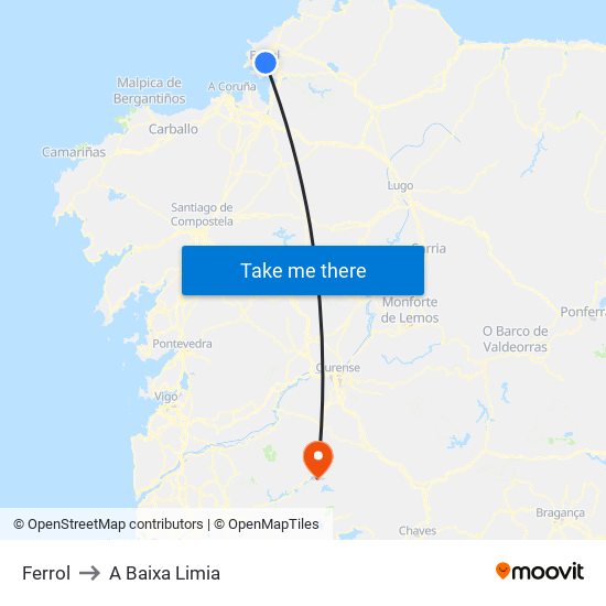 Ferrol to A Baixa Limia map