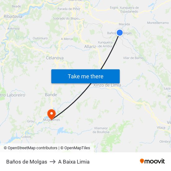 Baños de Molgas to A Baixa Limia map