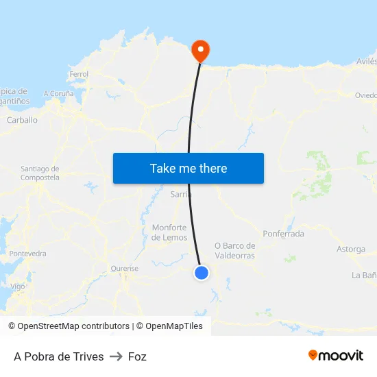 A Pobra de Trives to Foz map