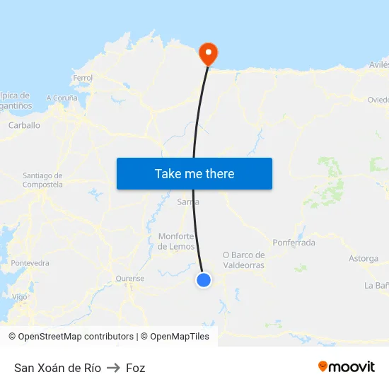 San Xoán de Río to Foz map