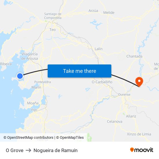 O Grove to Nogueira de Ramuín map