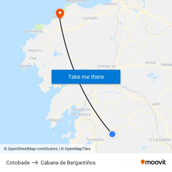 Cotobade to Cabana de Bergantiños map