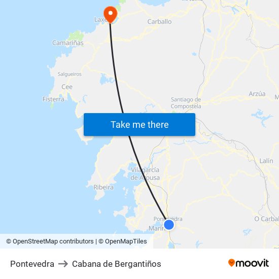 Pontevedra to Cabana de Bergantiños map