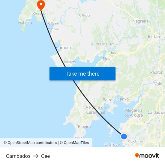 Cambados to Cee map