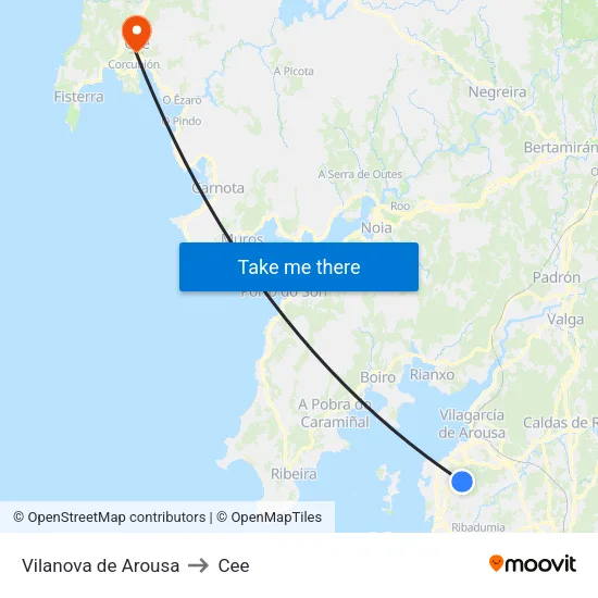 Vilanova de Arousa to Cee map