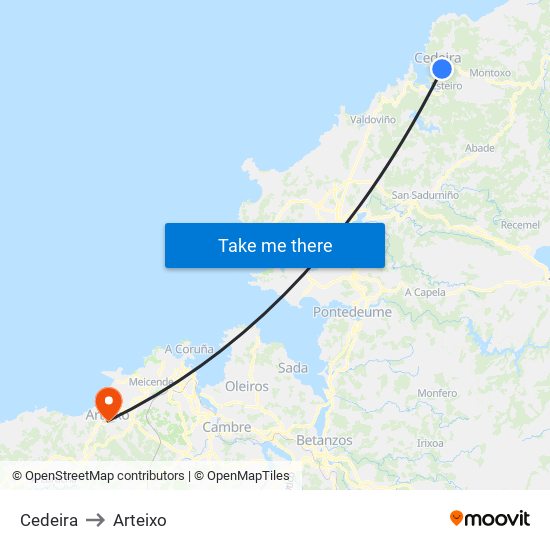 Cedeira to Arteixo map