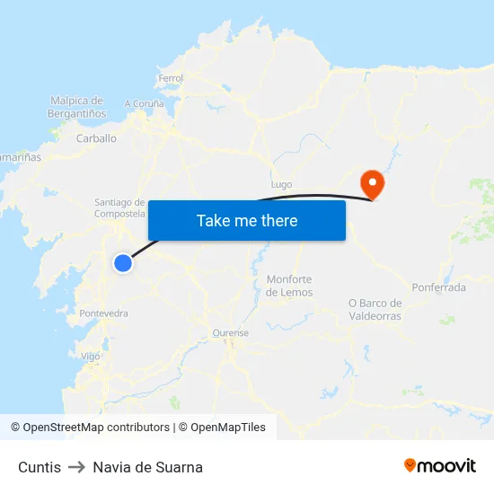 Cuntis to Navia de Suarna map