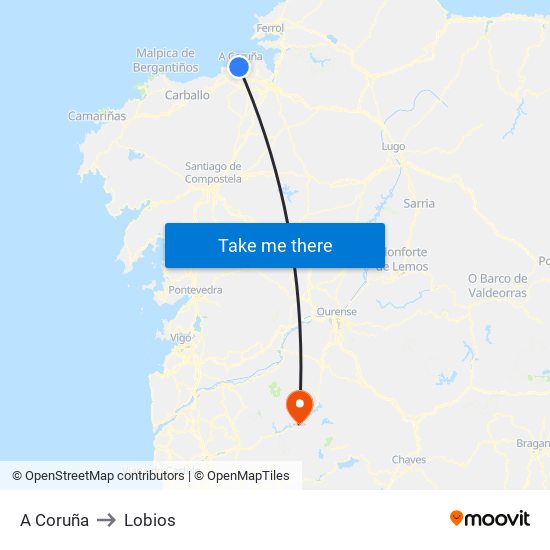 A Coruña to Lobios map