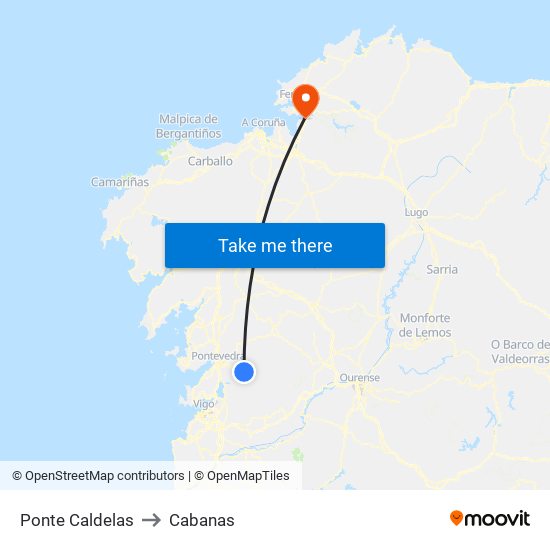 Ponte Caldelas to Cabanas map