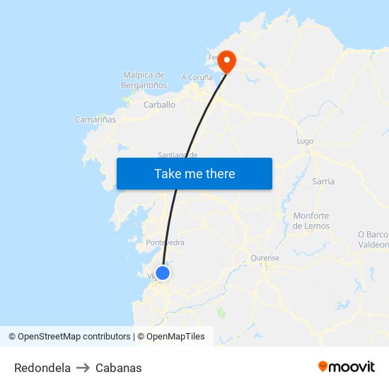 Redondela to Cabanas map