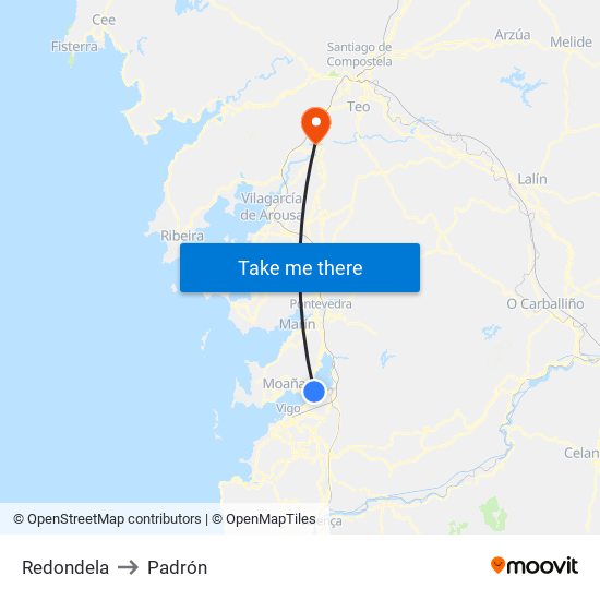 Redondela to Padrón map