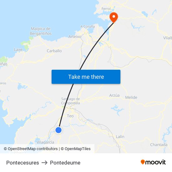 Pontecesures to Pontedeume map