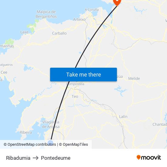 Ribadumia to Pontedeume map