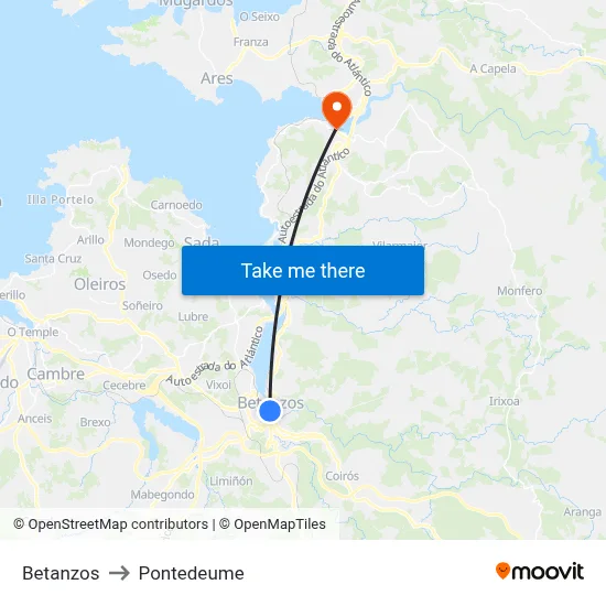 Betanzos to Pontedeume map