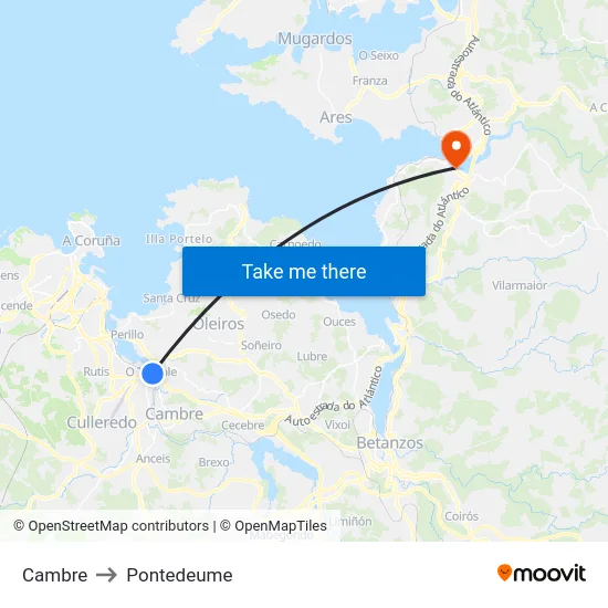 Cambre to Pontedeume map