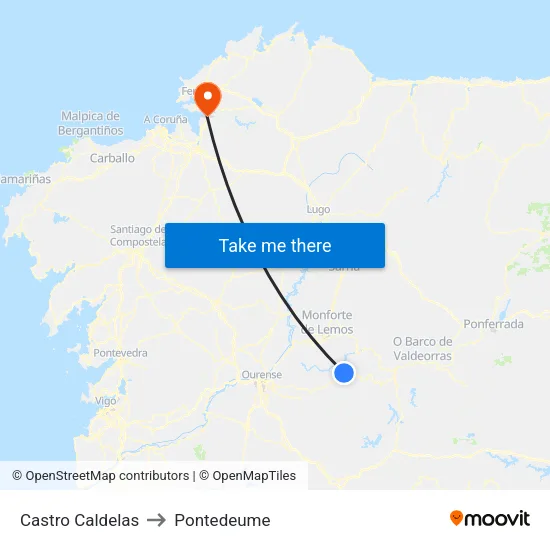 Castro Caldelas to Pontedeume map