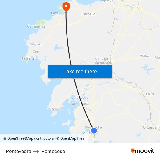 Pontevedra to Ponteceso map