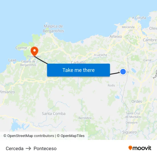 Cerceda to Ponteceso map