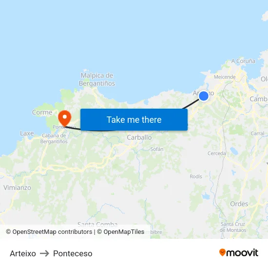 Arteixo to Ponteceso map