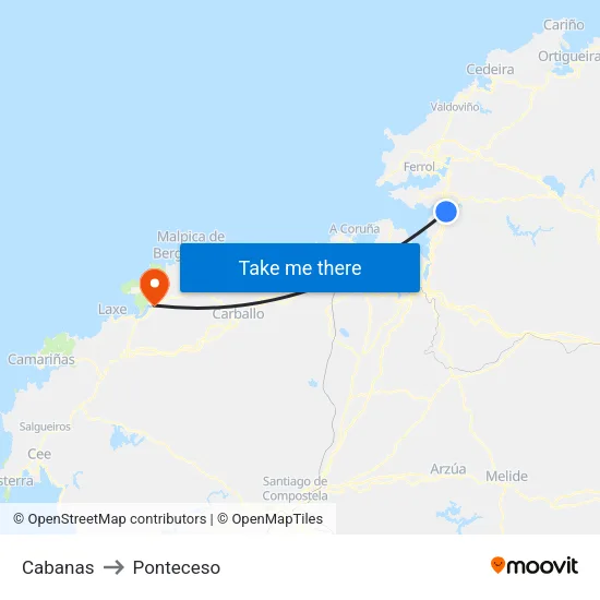 Cabanas to Ponteceso map