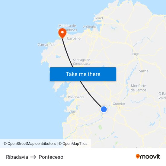 Ribadavia to Ponteceso map