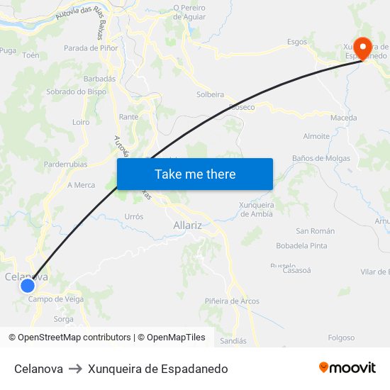 Celanova to Xunqueira de Espadanedo map