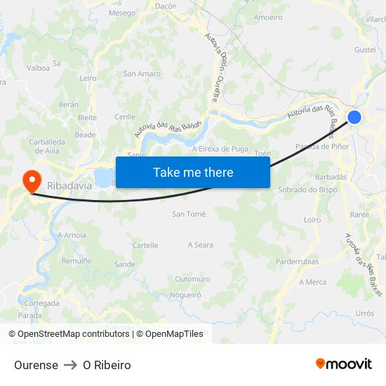 Ourense to O Ribeiro map