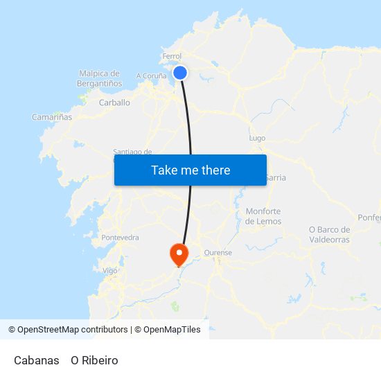 Cabanas to O Ribeiro map