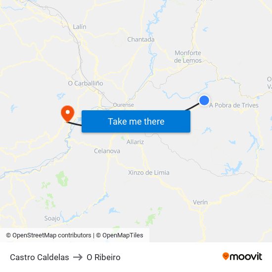Castro Caldelas to O Ribeiro map