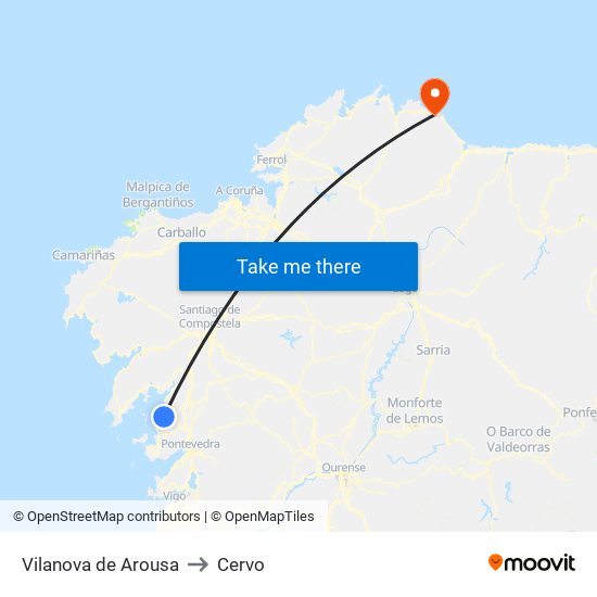 Vilanova de Arousa to Cervo map