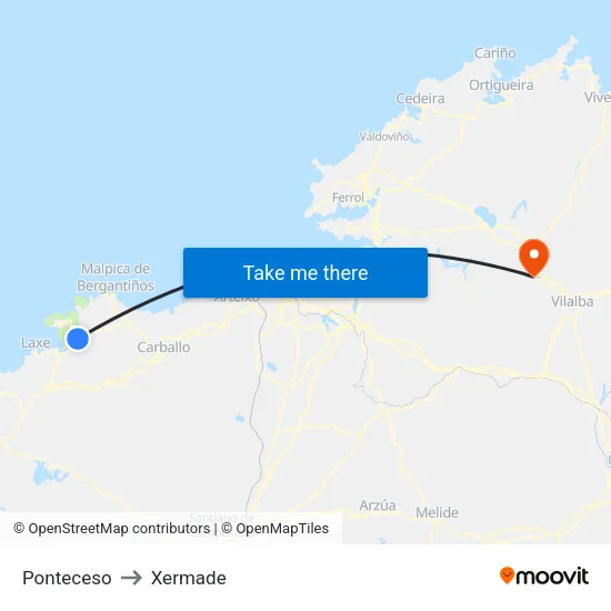 Ponteceso to Xermade map