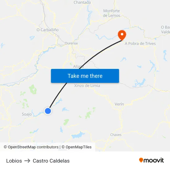 Lobios to Castro Caldelas map