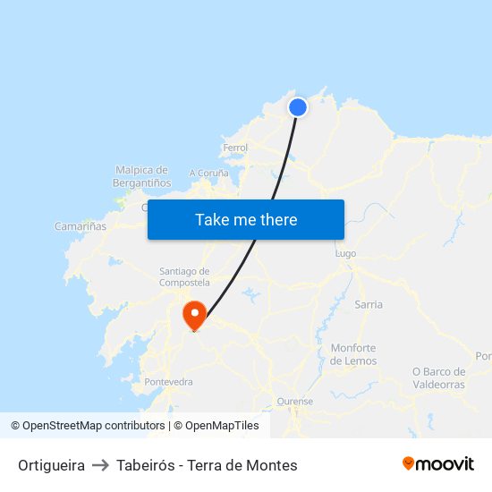 Ortigueira to Tabeirós - Terra de Montes map