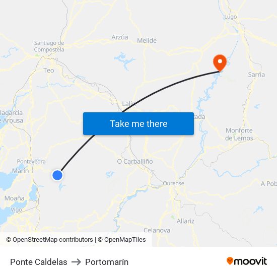 Ponte Caldelas to Portomarín map