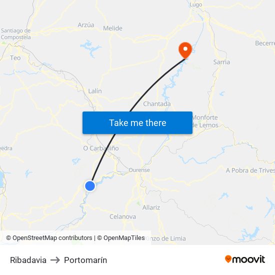 Ribadavia to Portomarín map