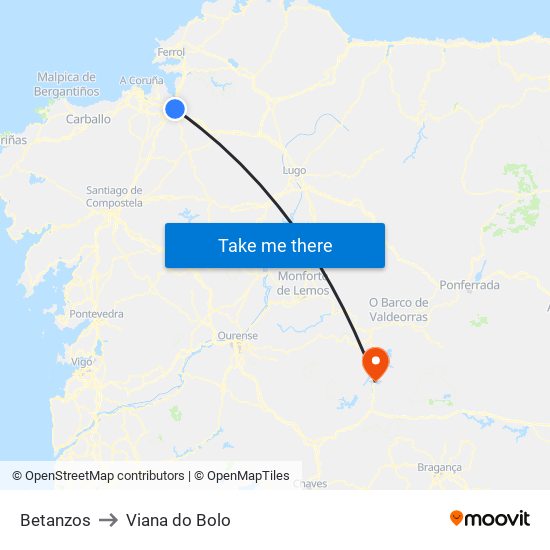 Betanzos to Viana do Bolo map
